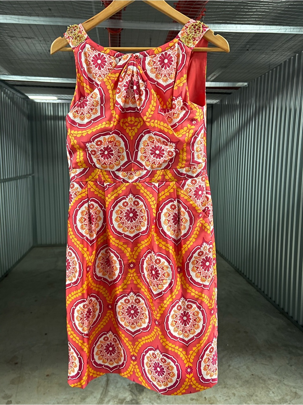 Kay Unger Pink and Yellow Printed Sleeveless Midi Dress